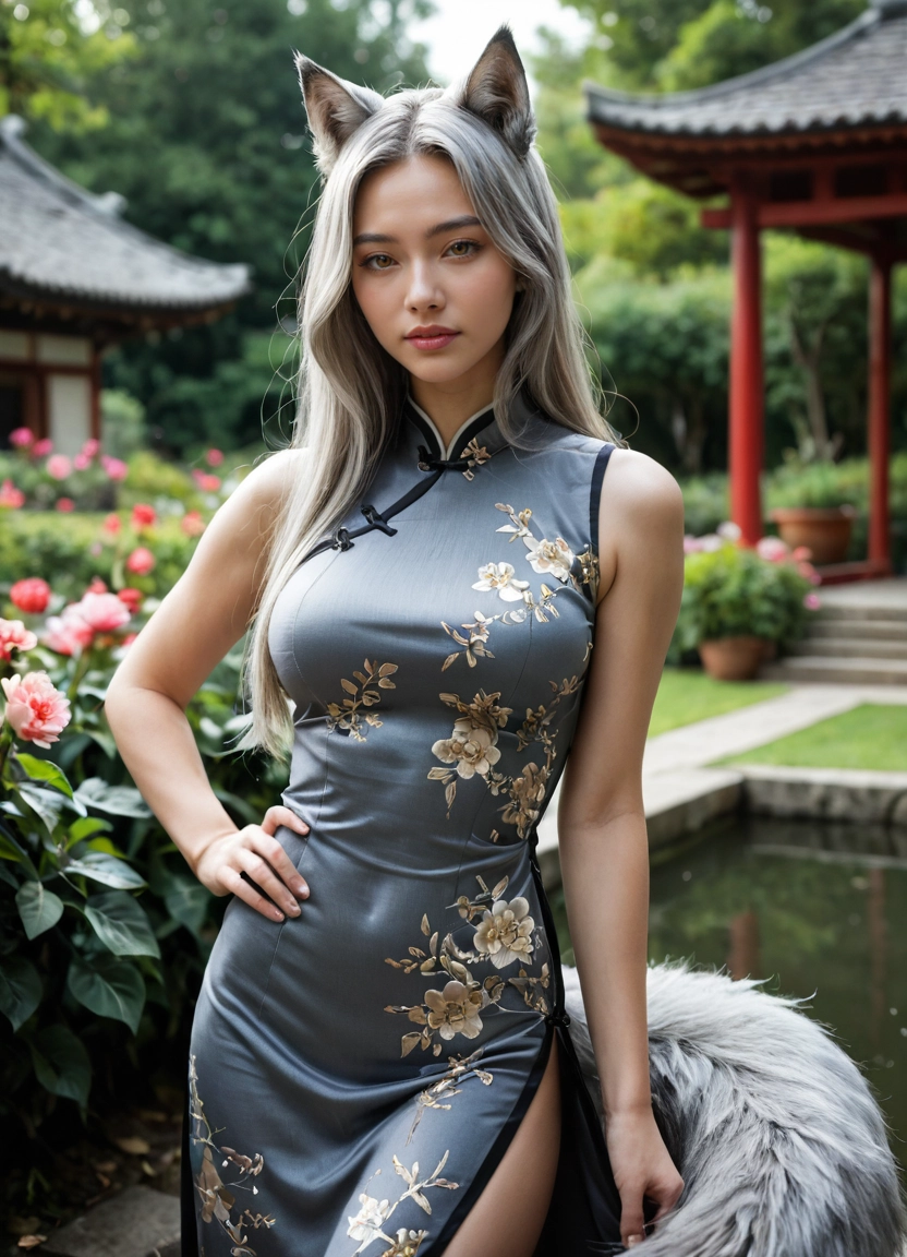 1girl, animal ears, tail, chinese clothes, dress, china dress · Yamete.gg