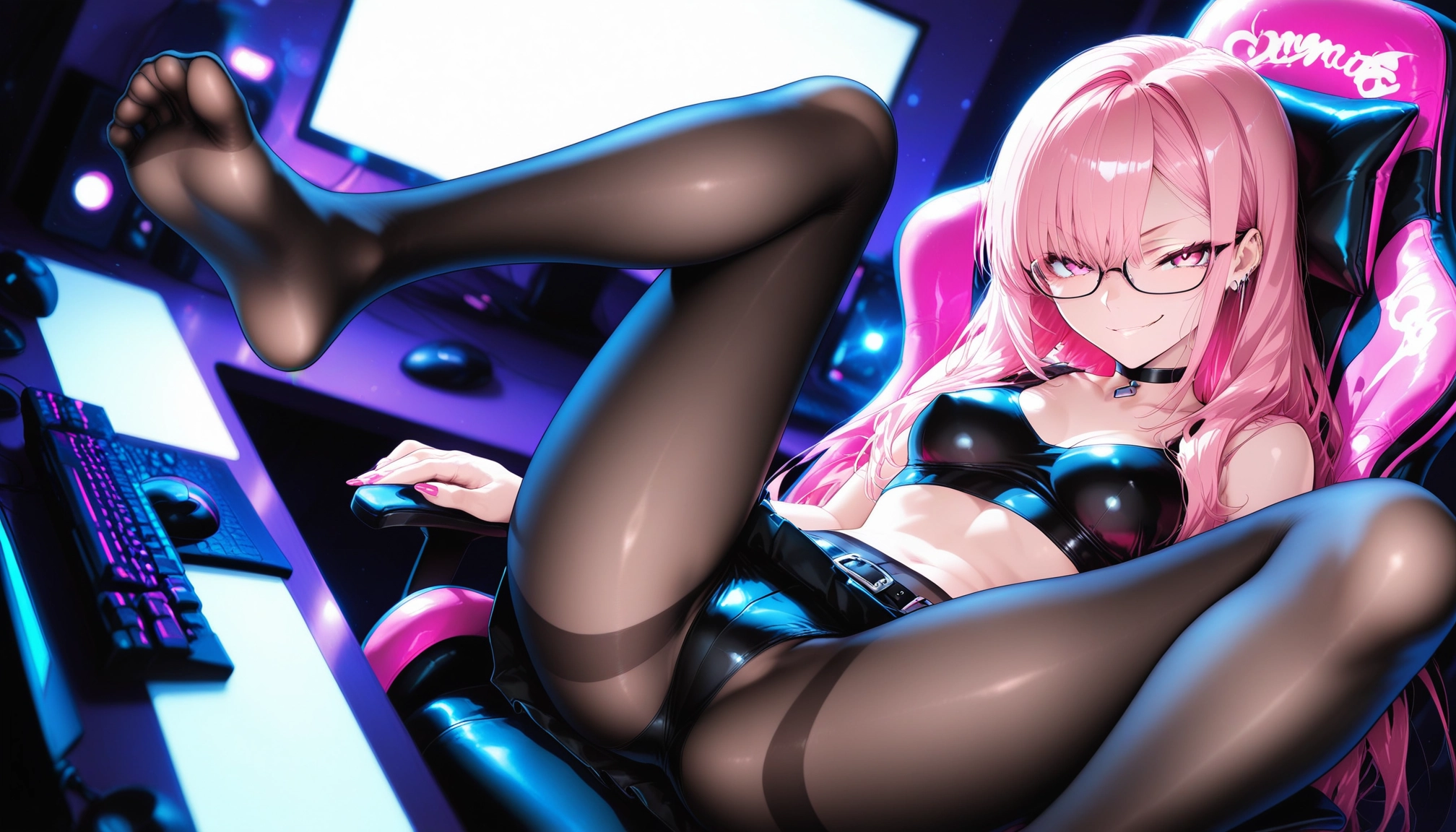 1girl, underwear, pink hair, panties, monitor, long hair · Yamete.gg