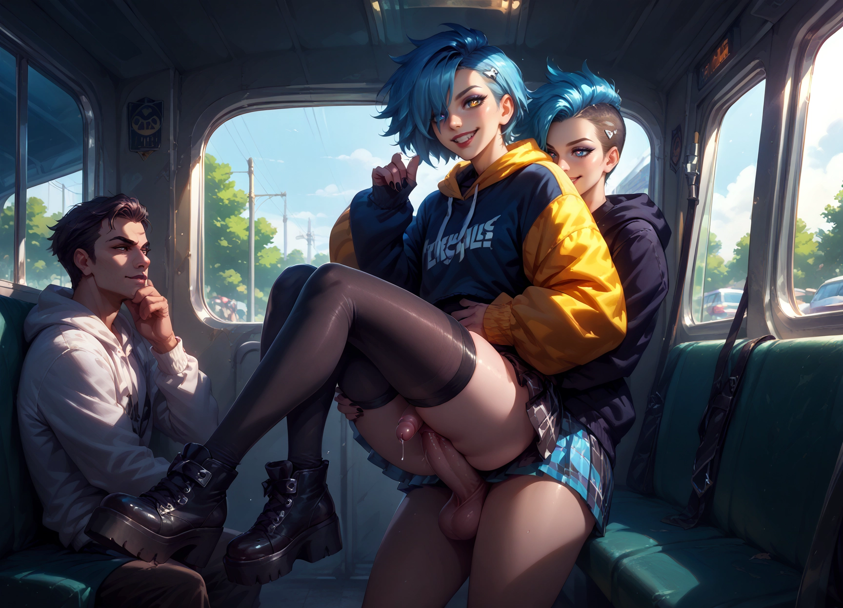 1girl, thighhighs, skirt, penis, 2boys, smile · Yamete.gg