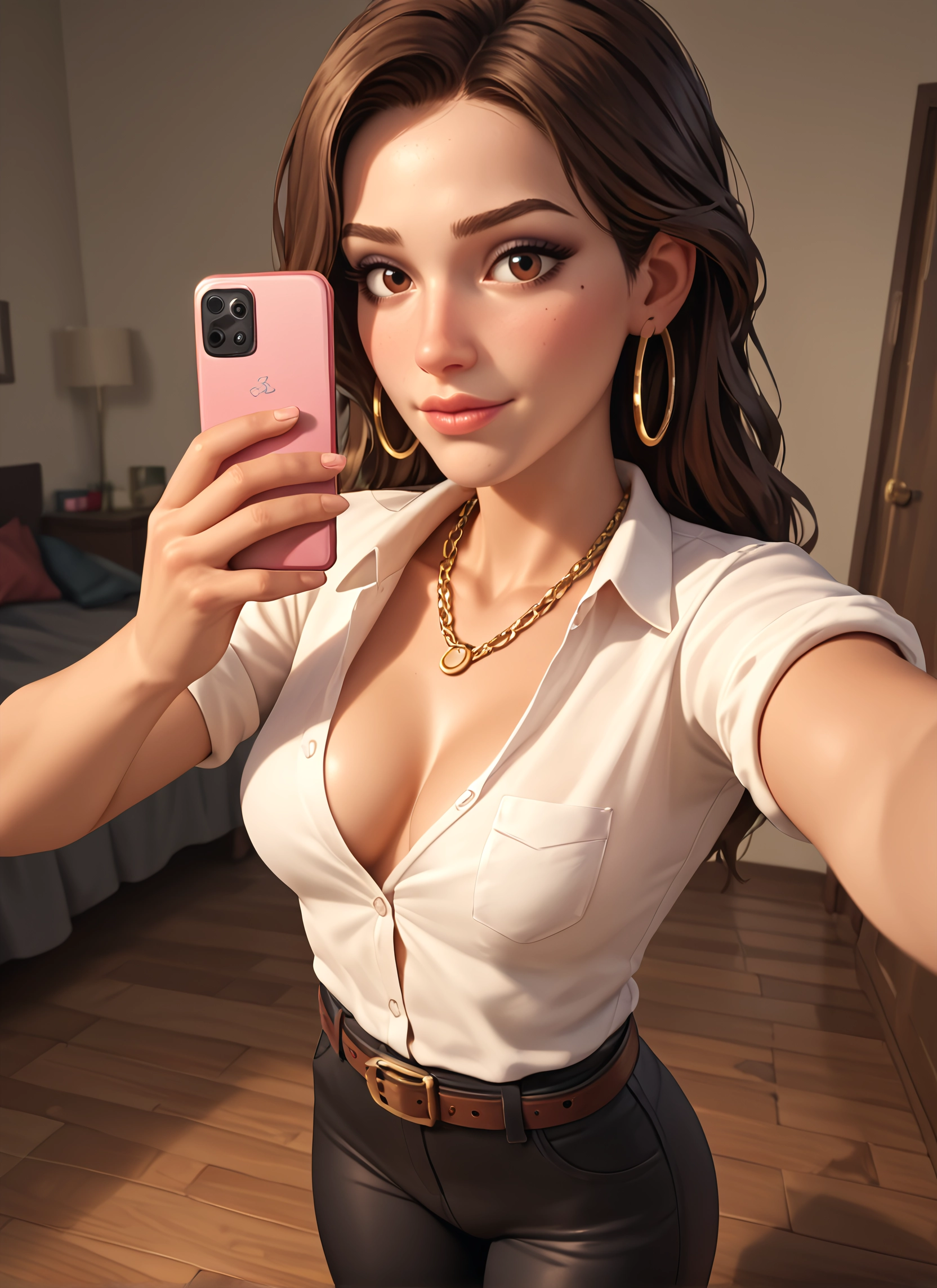 1girl, breasts, jewelry, brown hair, phone, earrings · Yamete.gg