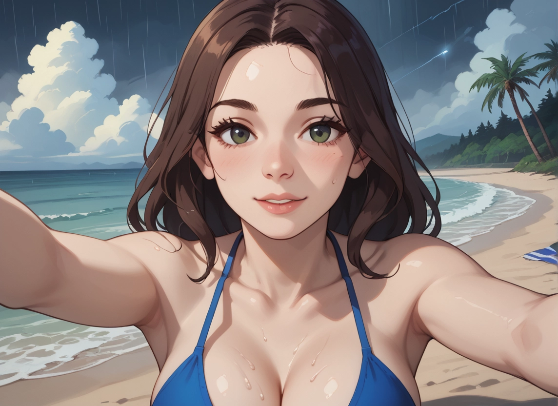 1girl, swimsuit, breasts, brown hair, bikini, looking at viewer · Yamete.gg