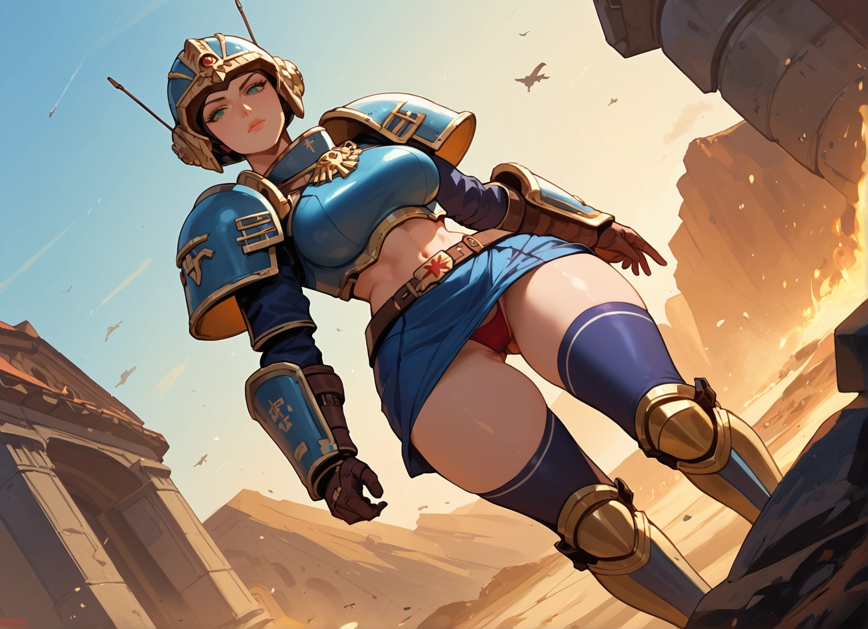 1girl, underwear, panties, thighhighs, armor, breasts · Yamete.gg