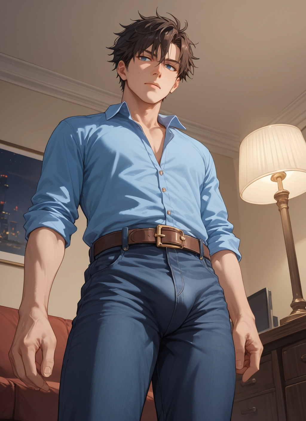 1boy, male focus, solo, blue eyes, shirt, pants · Yamete.gg