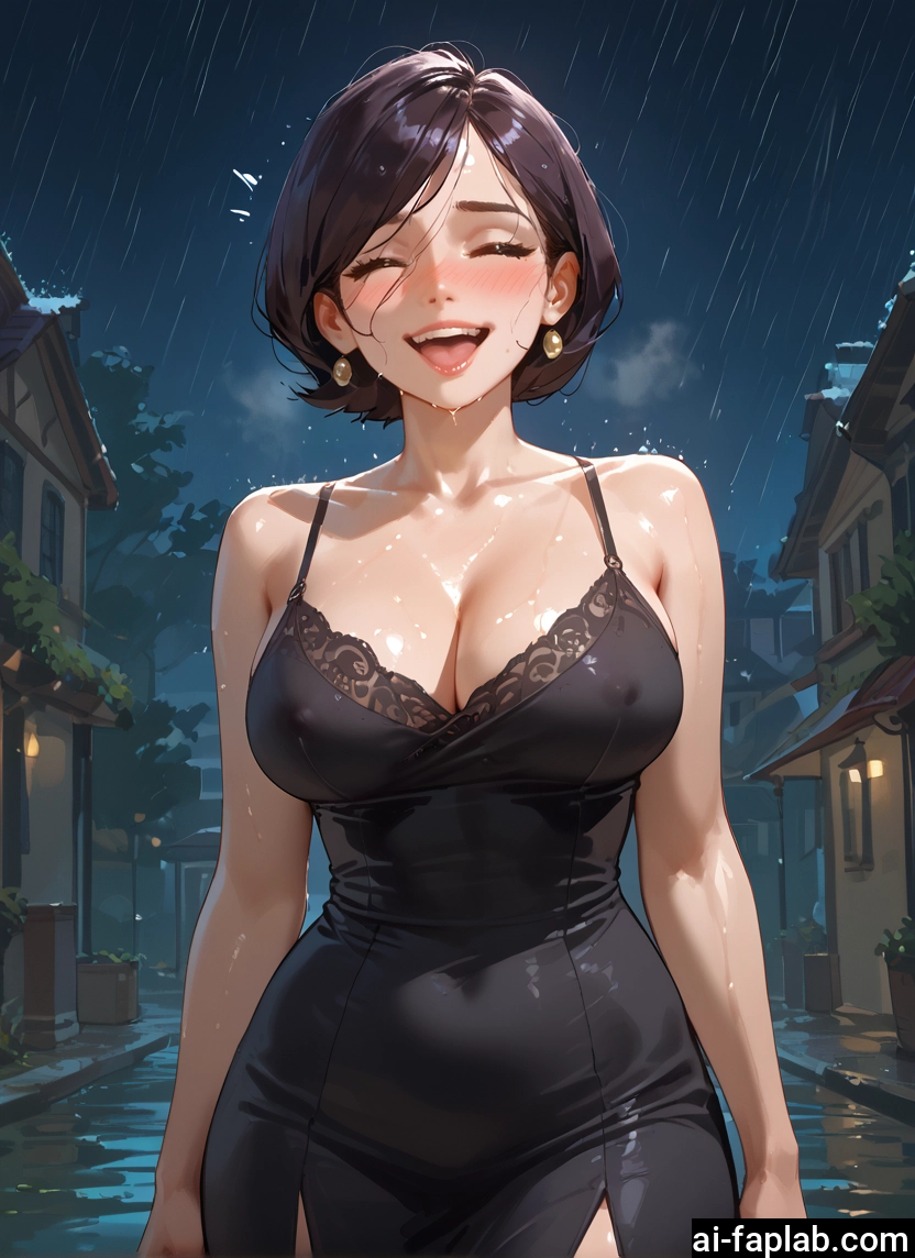 1girl, breasts, jewelry, earrings, closed eyes, rain
