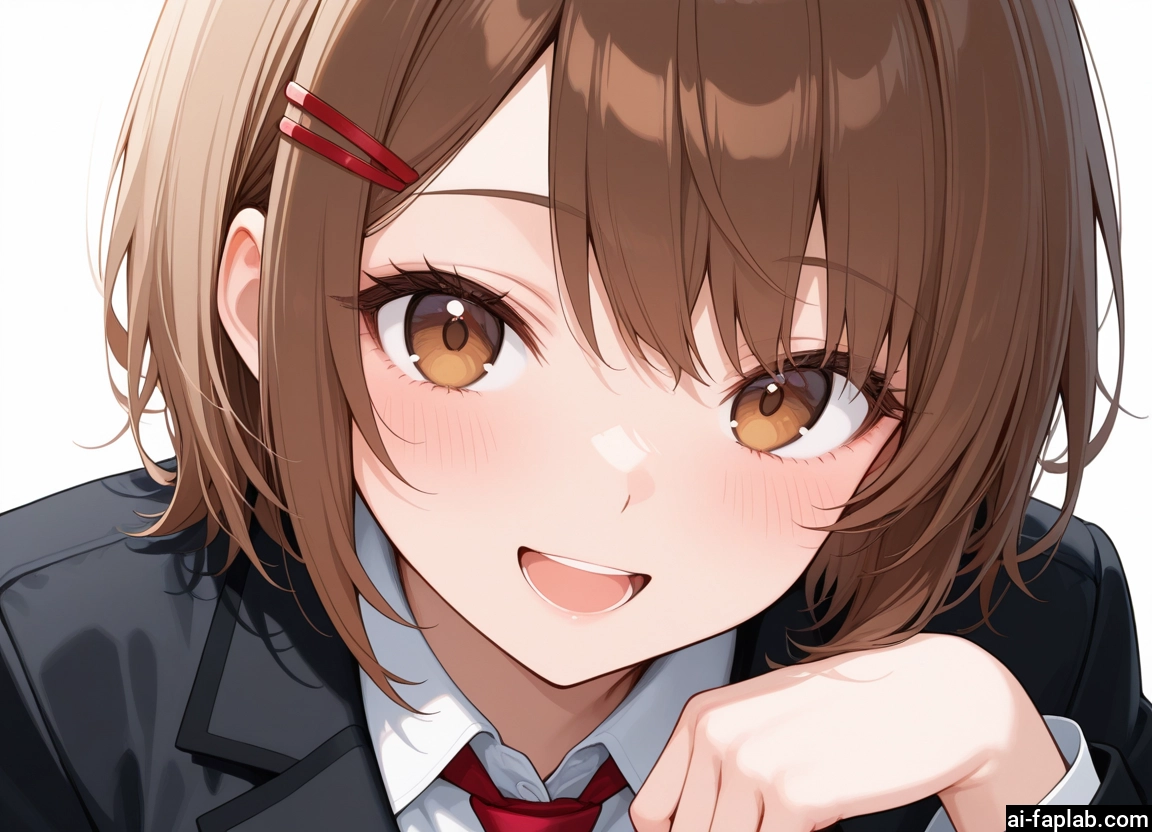1girl, solo, brown hair, hair ornament, open mouth, brown eyes