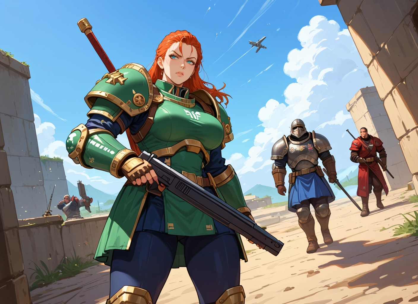 weapon, gun, armor, 1girl, blue eyes, helmet · Yamete.gg