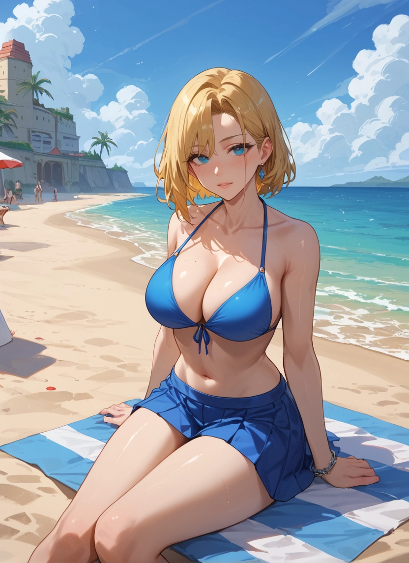 breasts, blonde hair, swimsuit, blue eyes, bikini, beach · Yamete.gg