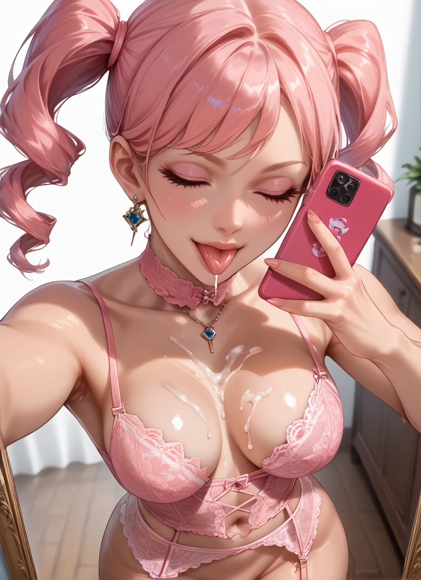 1girl, breasts, pink hair, phone, tongue, tongue out · Yamete.gg