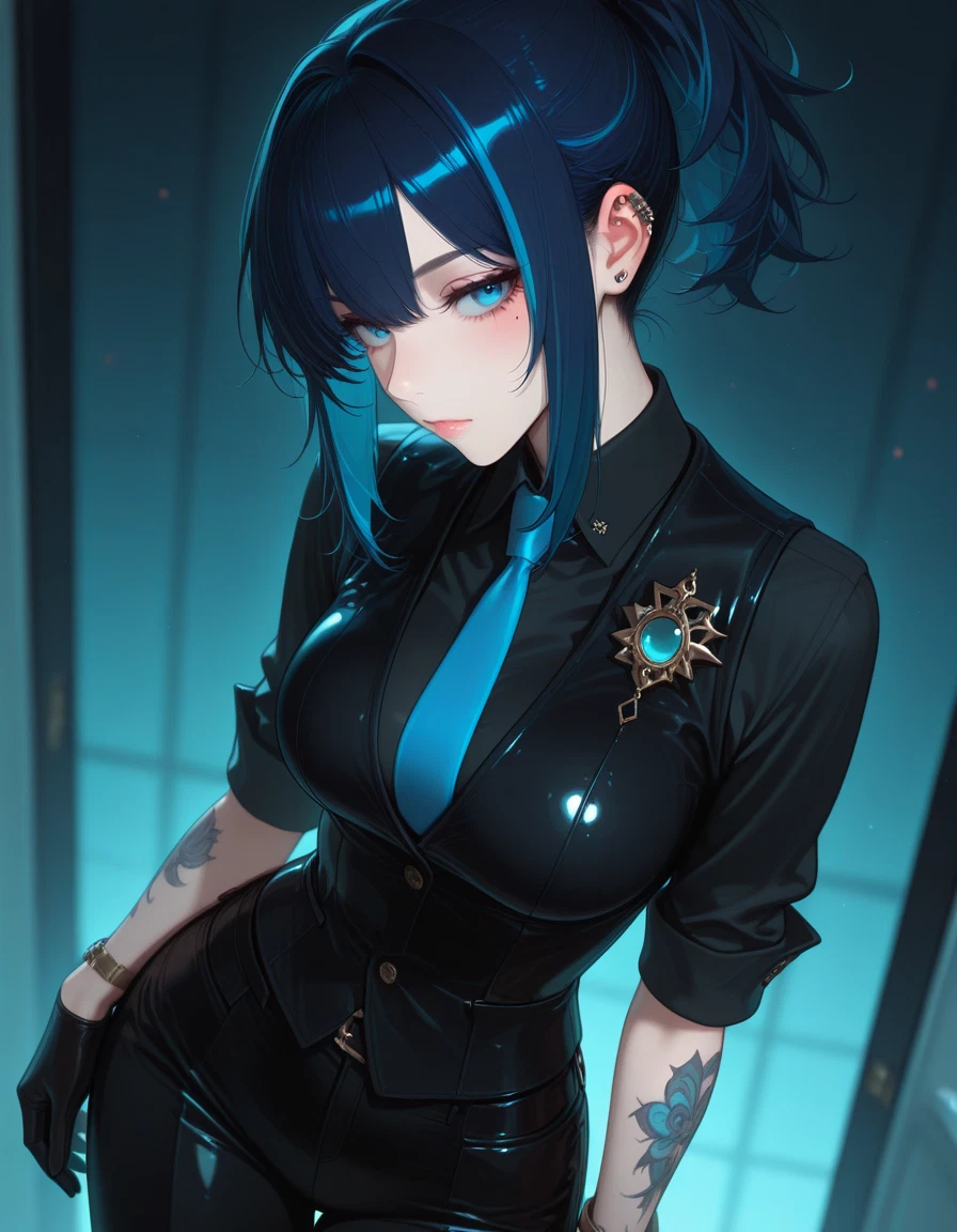 1girl, solo, gloves, necktie, tattoo, breasts · Yamete.gg