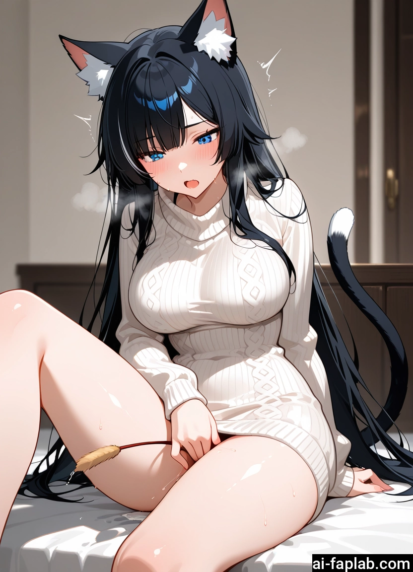 1girl, animal ears, tail, cat ears, breasts, black hair