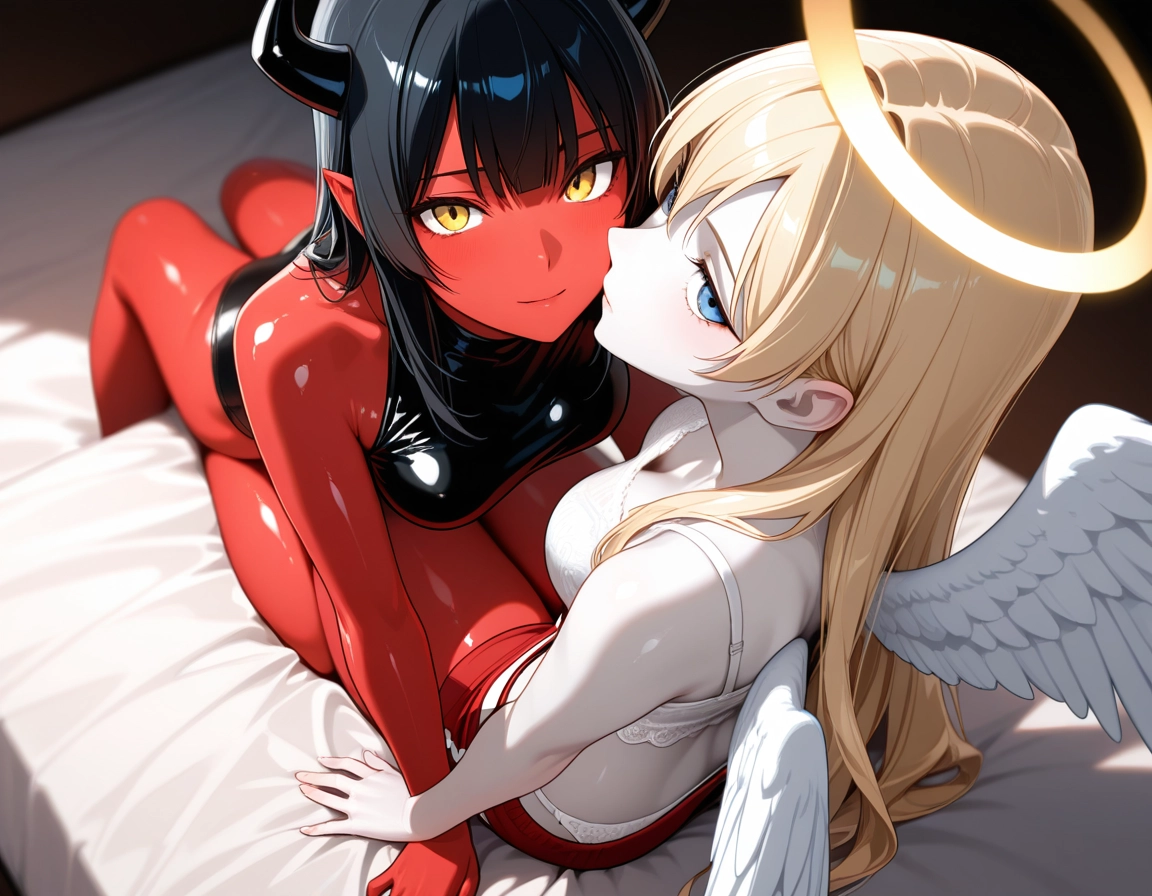 multiple girls, 2girls, horns, blonde hair, underwear, halo · Yamete.gg