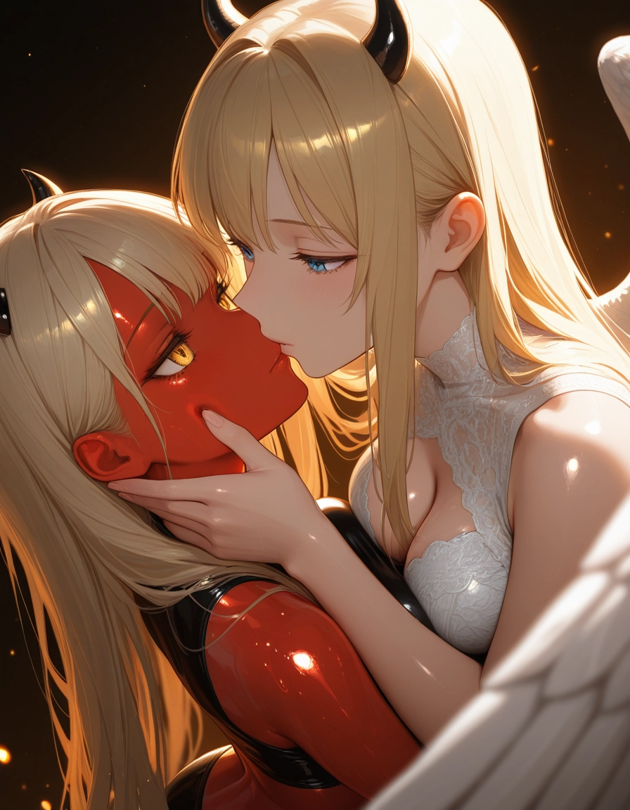 multiple girls, 2girls, breasts, blonde hair, horns, yuri · Yamete.gg
