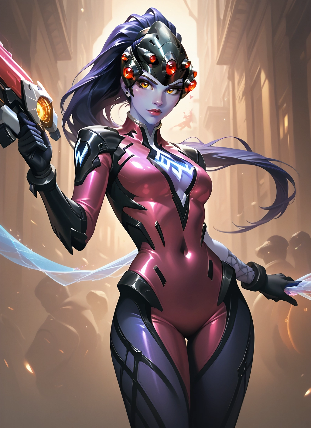 weapon, 1girl, gun, bodysuit, breasts, colored skin
