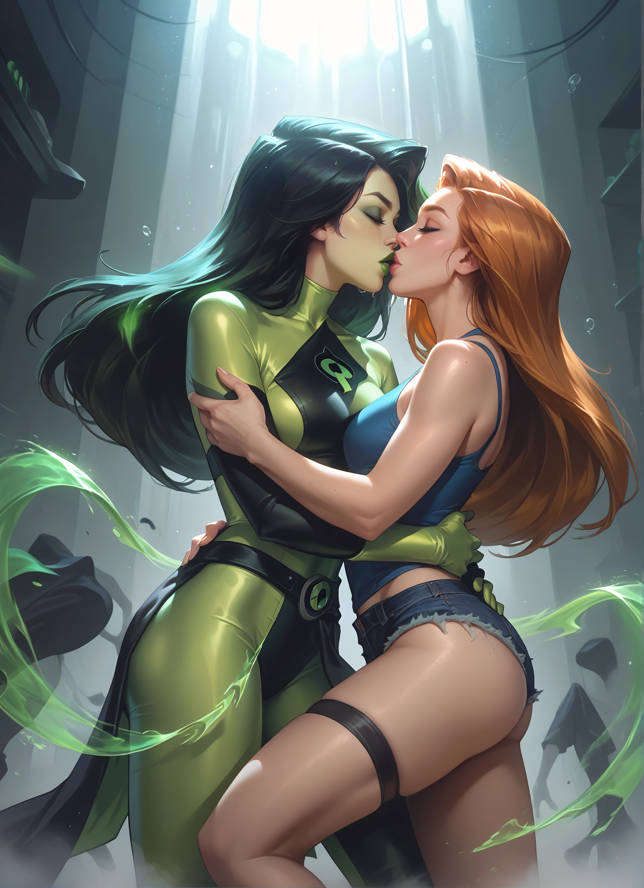 multiple girls, 2girls, kiss, yuri, breasts, closed eyes · Yamete.gg