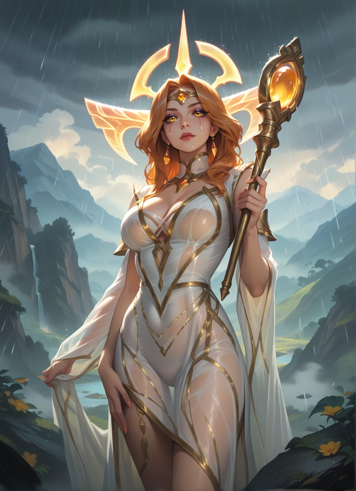 1girl, breasts, solo, earrings, jewelry, white dress · Yamete.gg