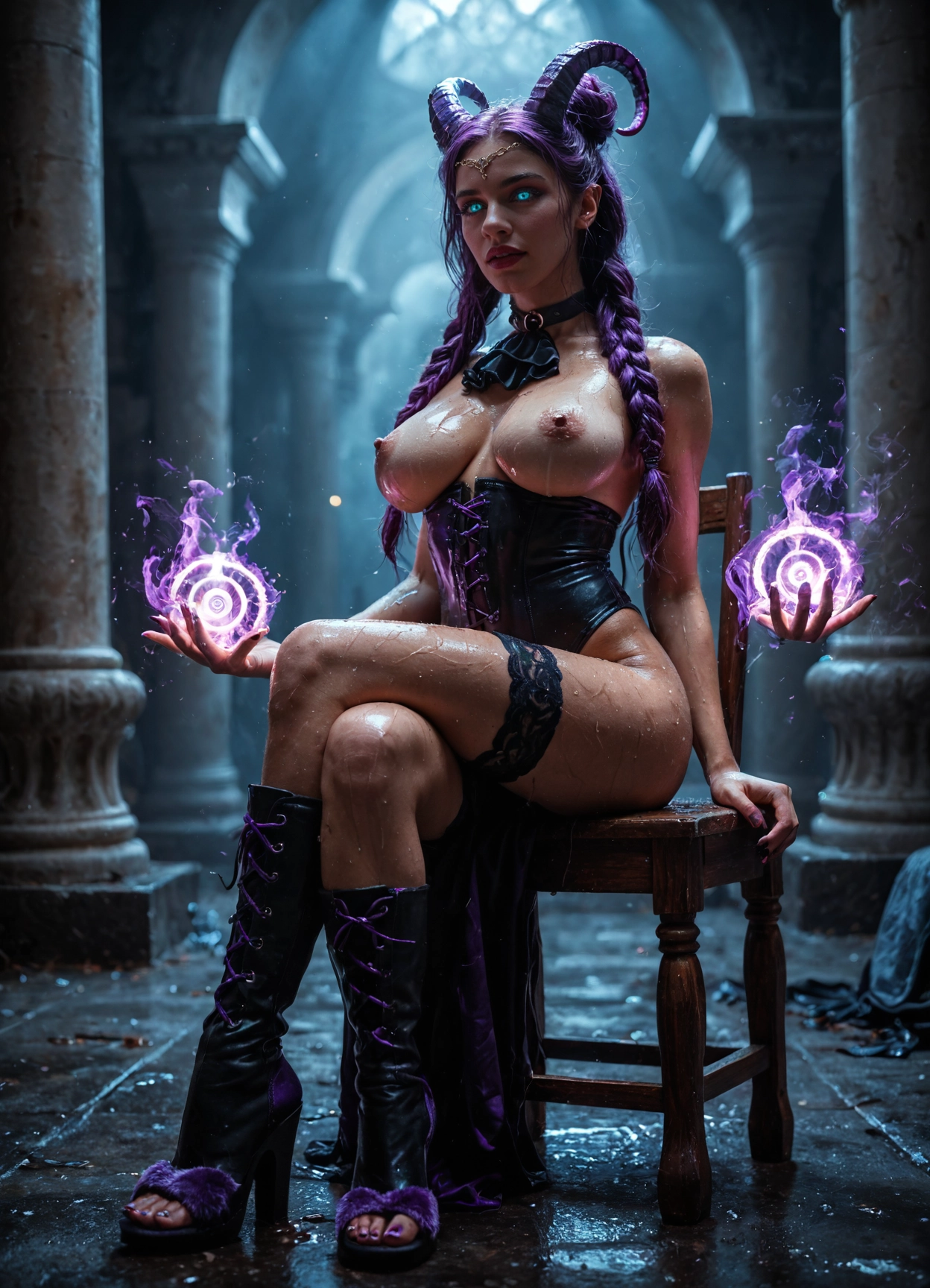 1girl, breasts, nipples, solo, magic, horns · Yamete.gg
