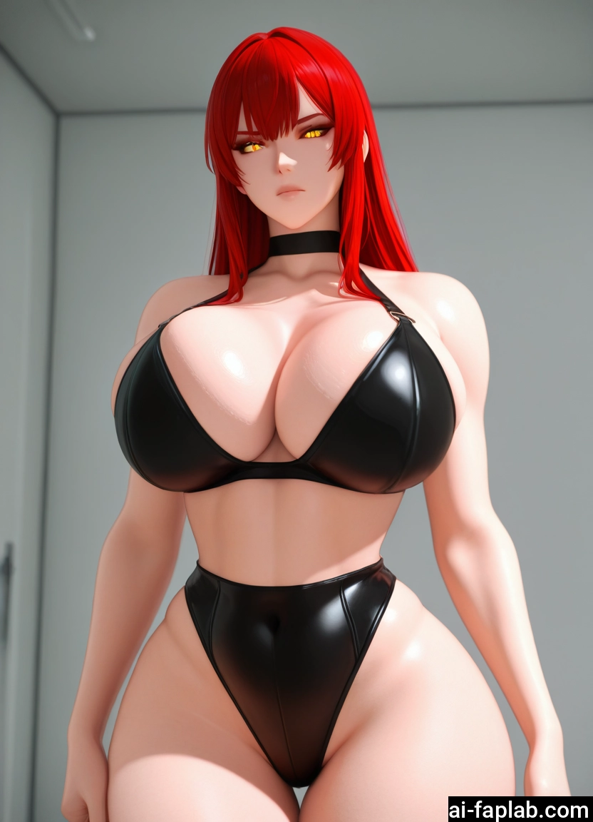1girl, breasts, red hair, yellow eyes, long hair, choker