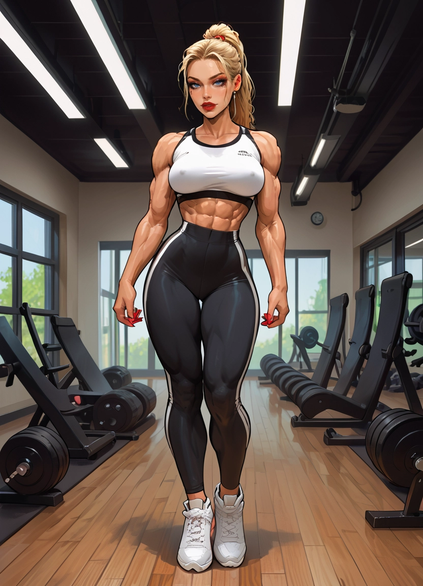 1girl, muscular female, muscular, blonde hair, gym, breasts · Yamete.gg