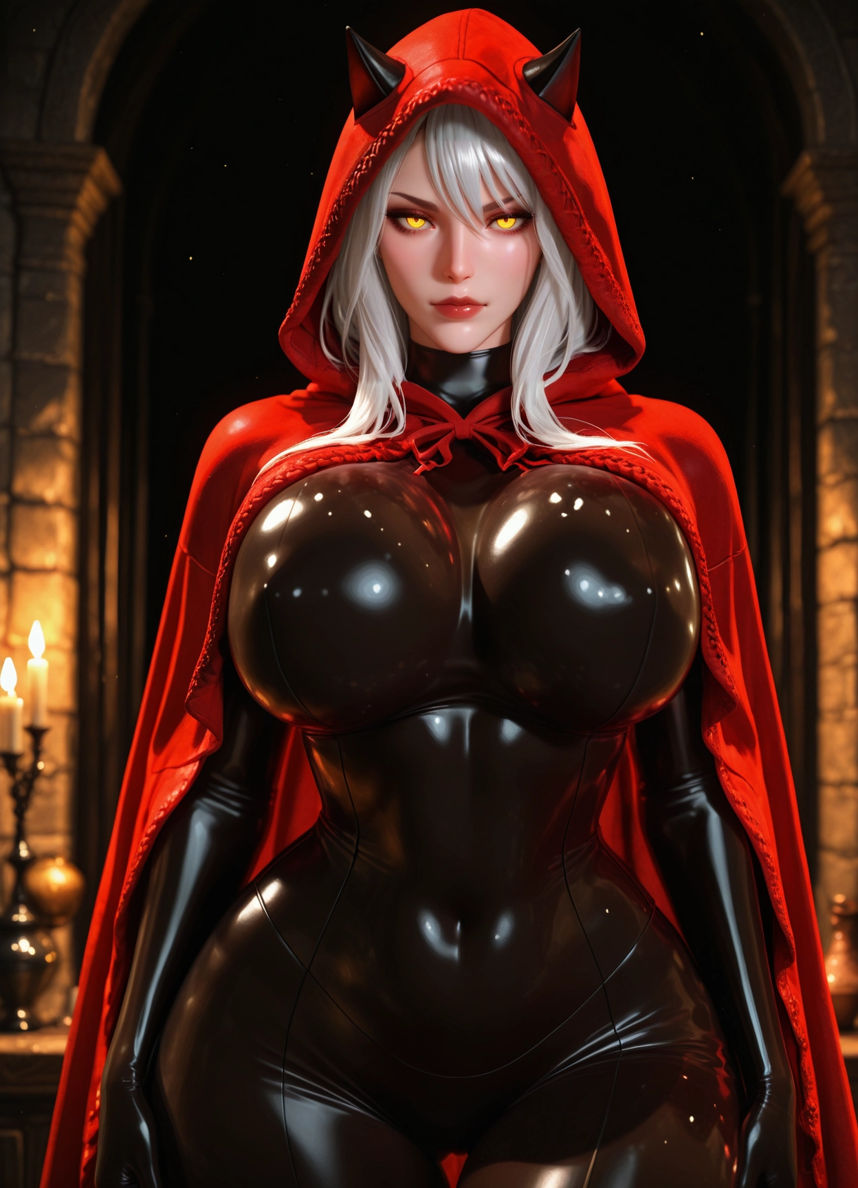 1girl, breasts, bodysuit, yellow eyes, hood, solo · Yamete.gg