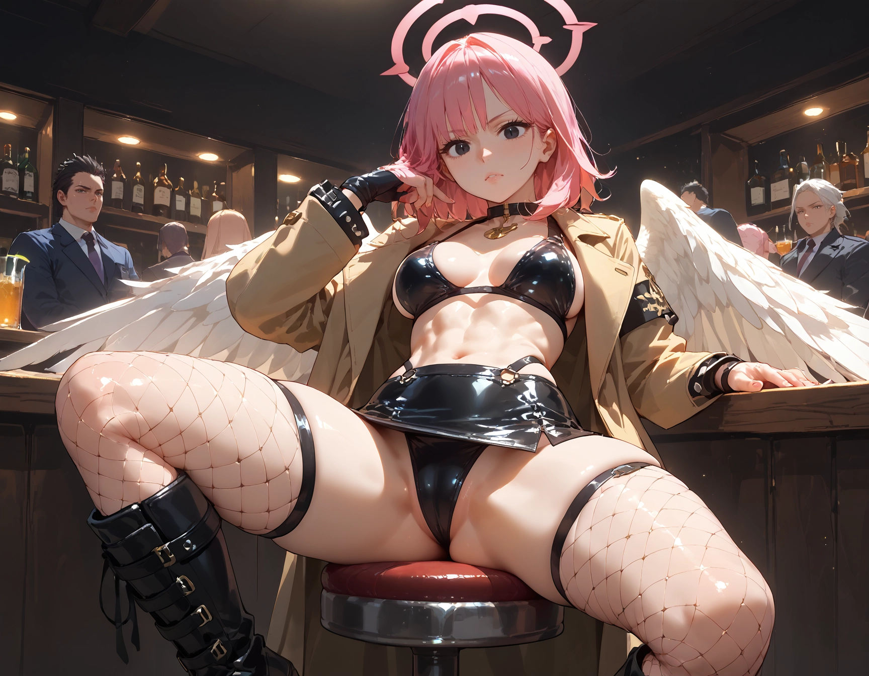 fishnets, breasts, pink hair, thighhighs, wings, looking at viewer · Yamete.gg
