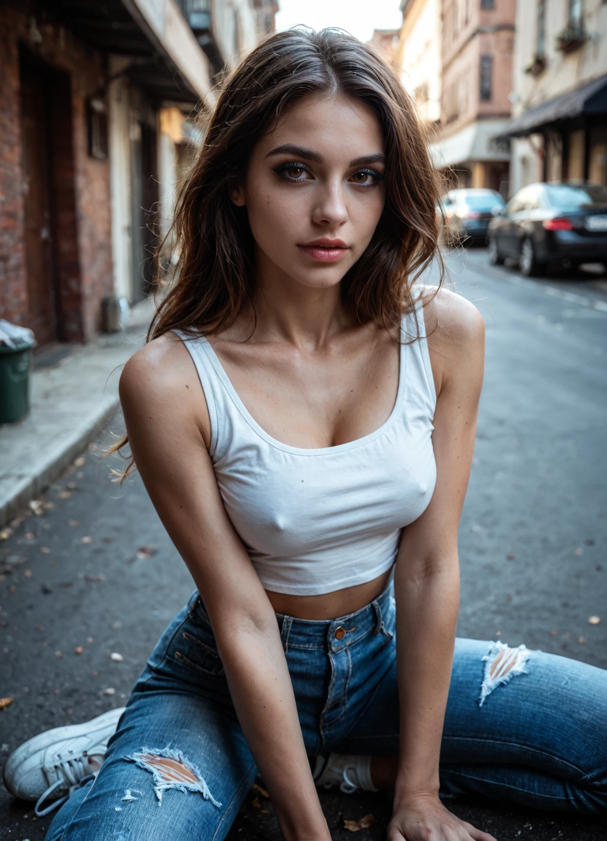 1girl, denim, breasts, realistic, solo, jeans