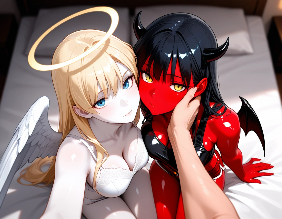 breasts, multiple girls, 2girls, blonde hair, wings, halo · Yamete.gg