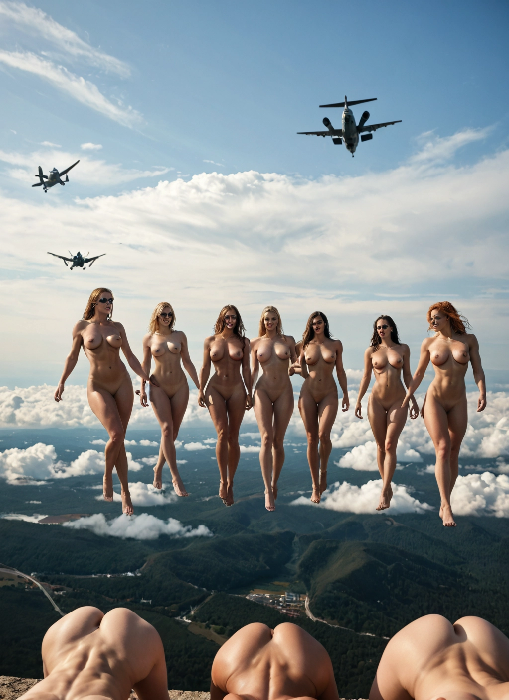 multiple girls, nude, breasts, nipples, 6+girls, aircraft · Yamete.gg