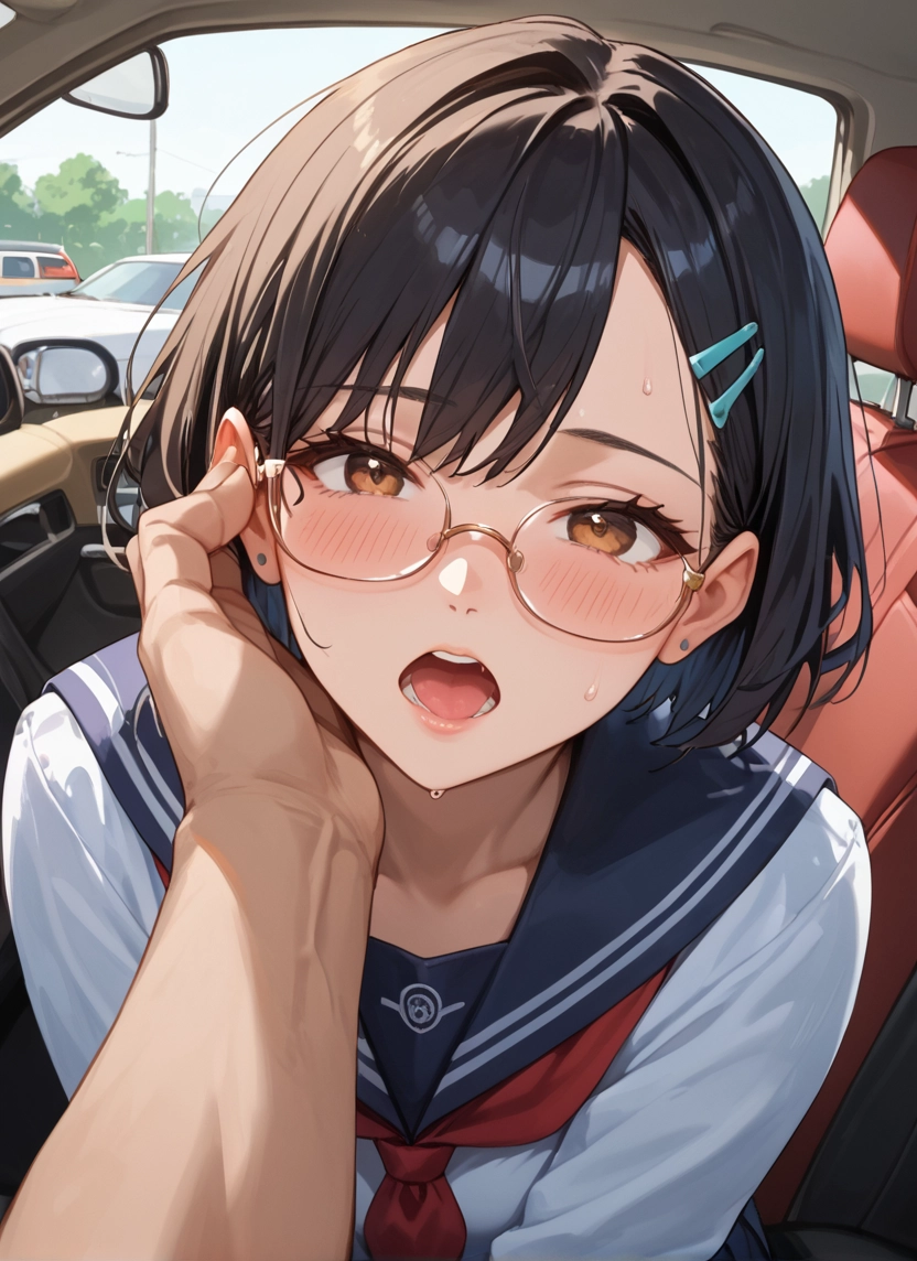 1girl, school uniform, glasses, open mouth, hair ornament, hairclip · Yamete.gg