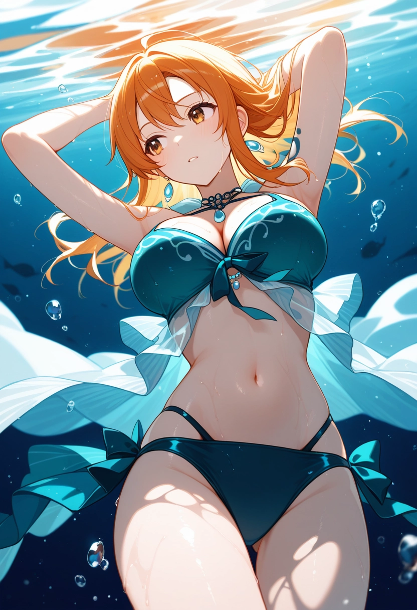 1girl, breasts, swimsuit, solo, bikini, orange hair