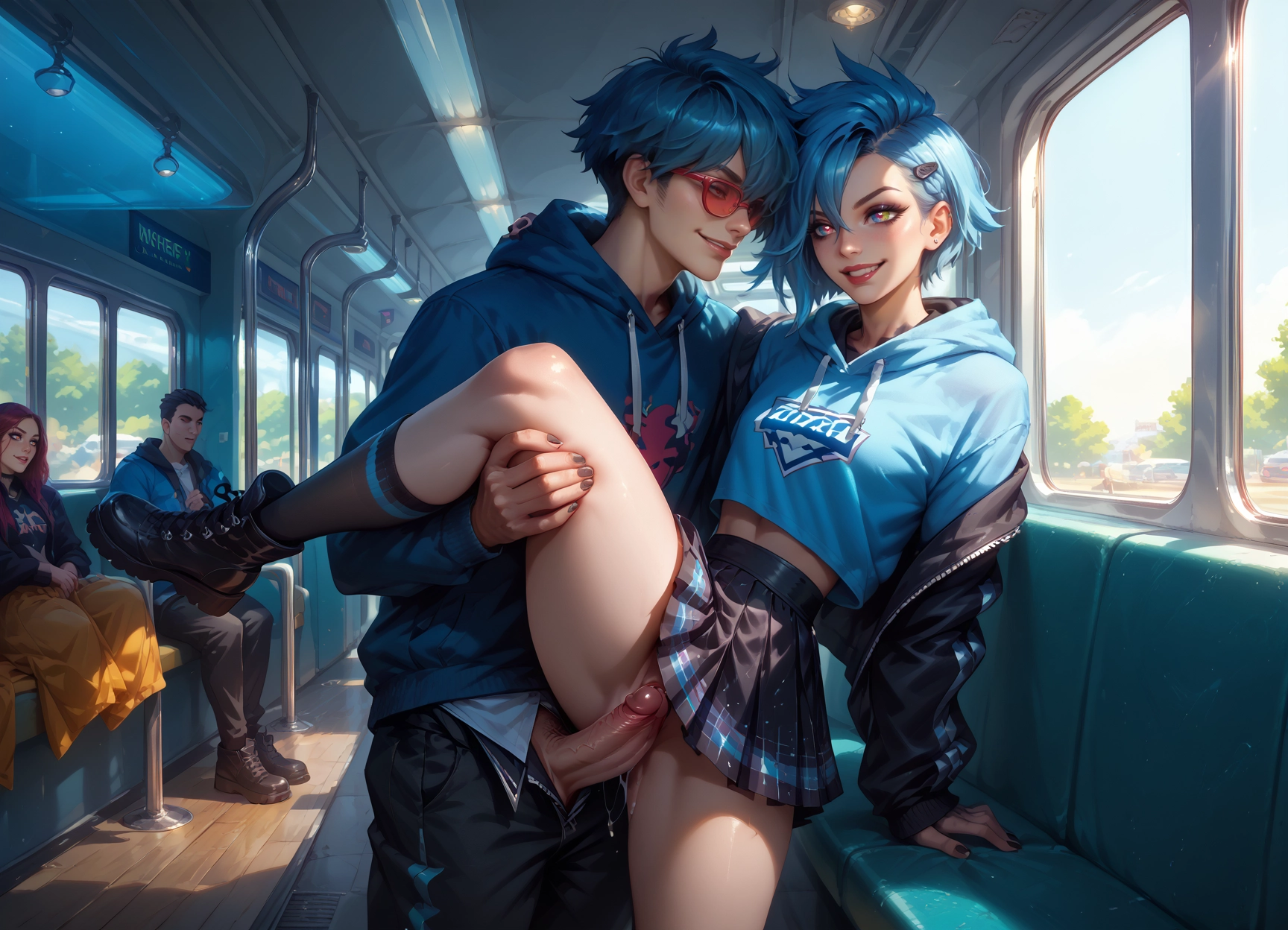 hood, hoodie, blue hair, penis, 2girls, skirt · Yamete.gg