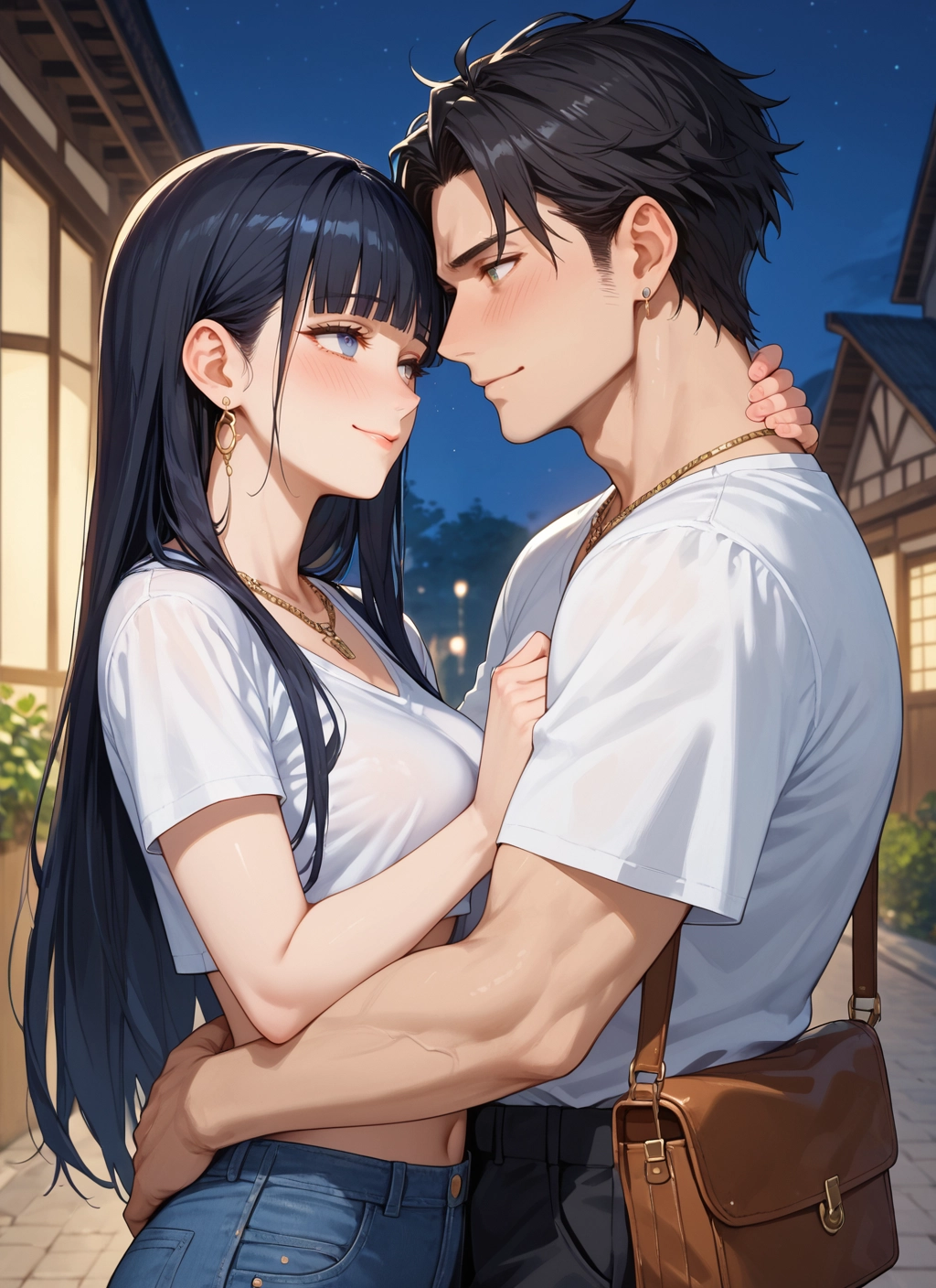 1girl, 1boy, jewelry, black hair, earrings, long hair · Yamete.gg