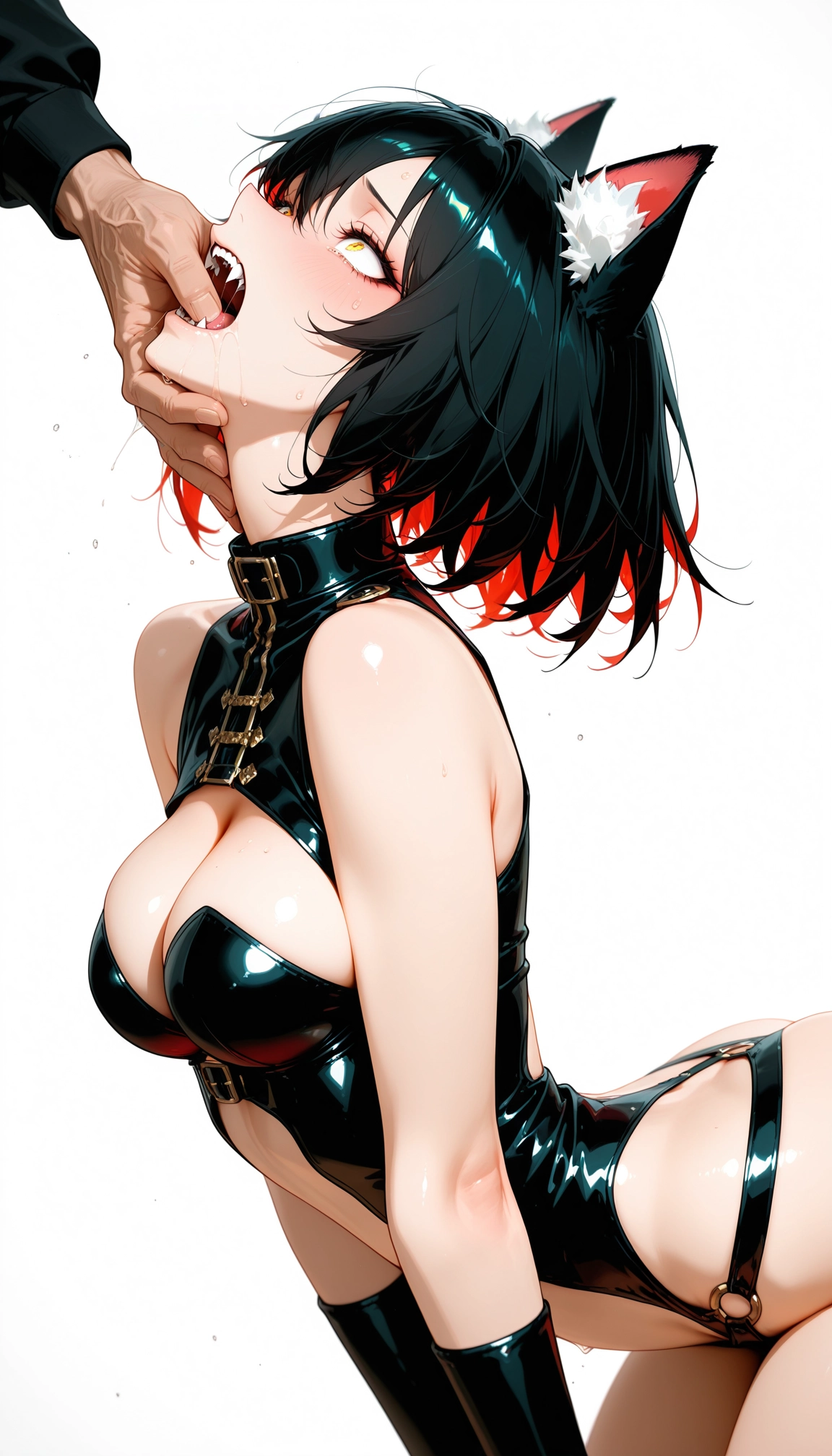 1girl, breasts, animal ears, black hair, yellow eyes, cleavage · Yamete.gg