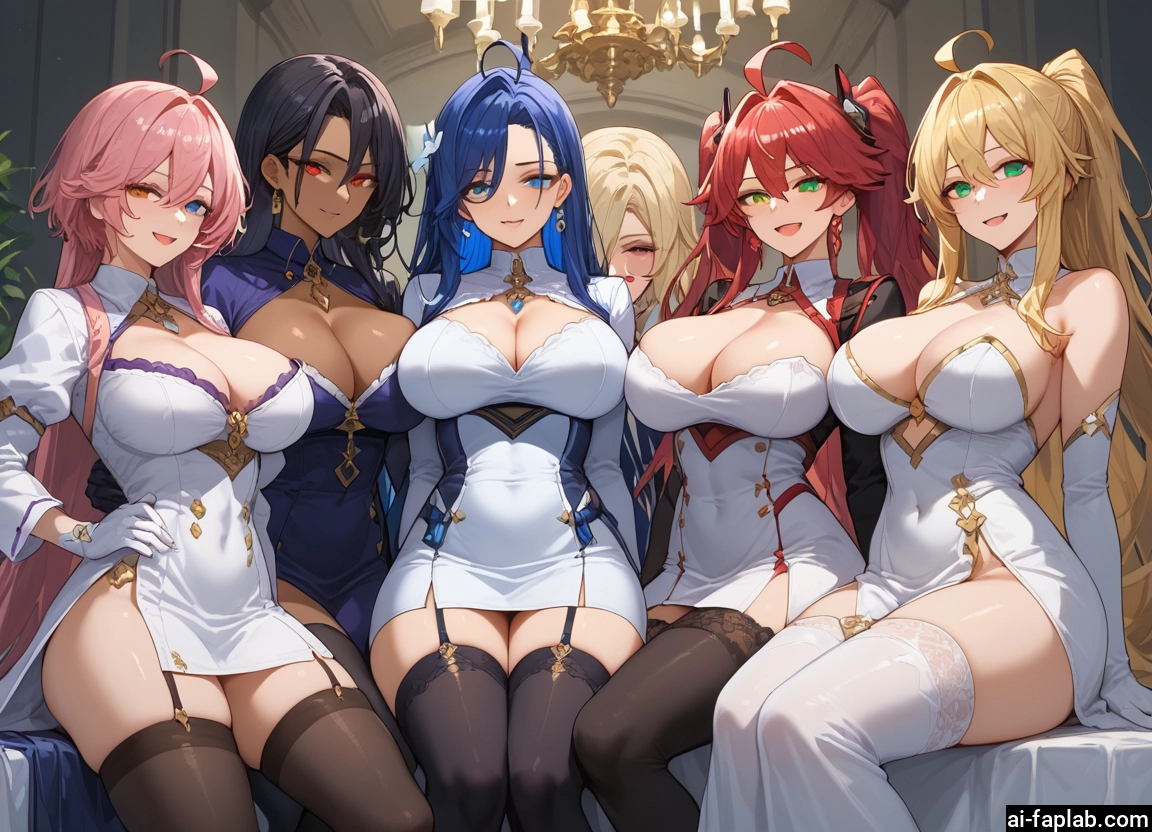 breasts, multiple girls, thighhighs, large breasts, gloves, cleavage