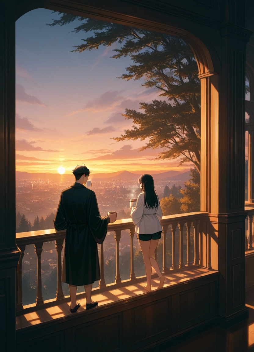 1girl, 1boy, railing, black hair, shorts, cup · Yamete.gg