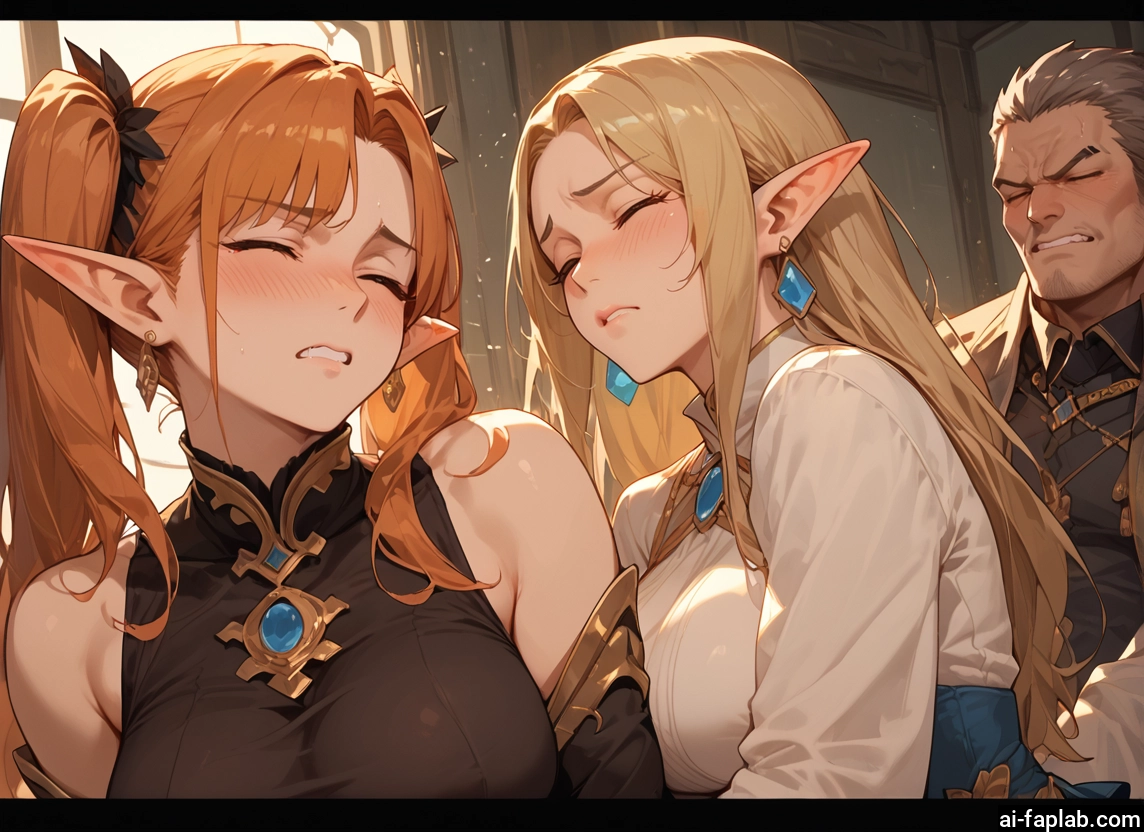 pointy ears, 1boy, multiple girls, twintails, 2girls, jewelry · Yamete.gg
