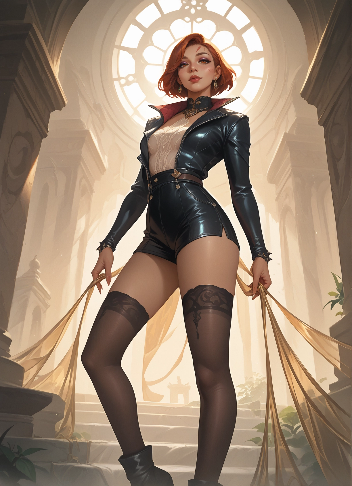 1girl, thighhighs, jewelry, solo, earrings, jacket · Yamete.gg