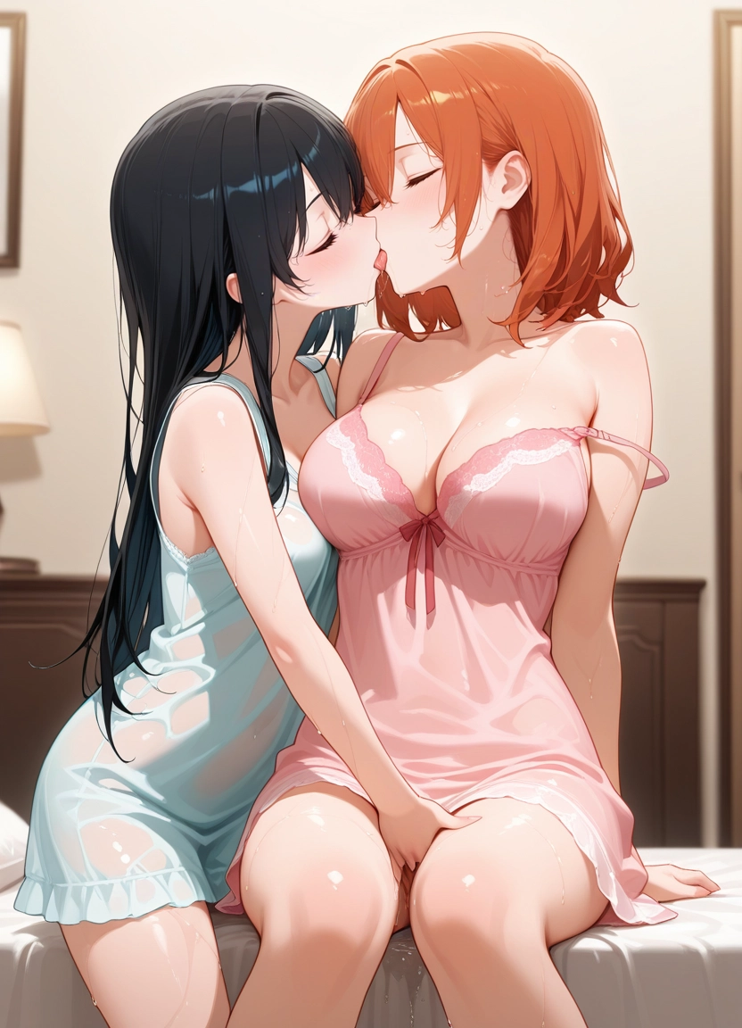 breasts, multiple girls, 2girls, yuri, kiss, closed eyes · Yamete.gg