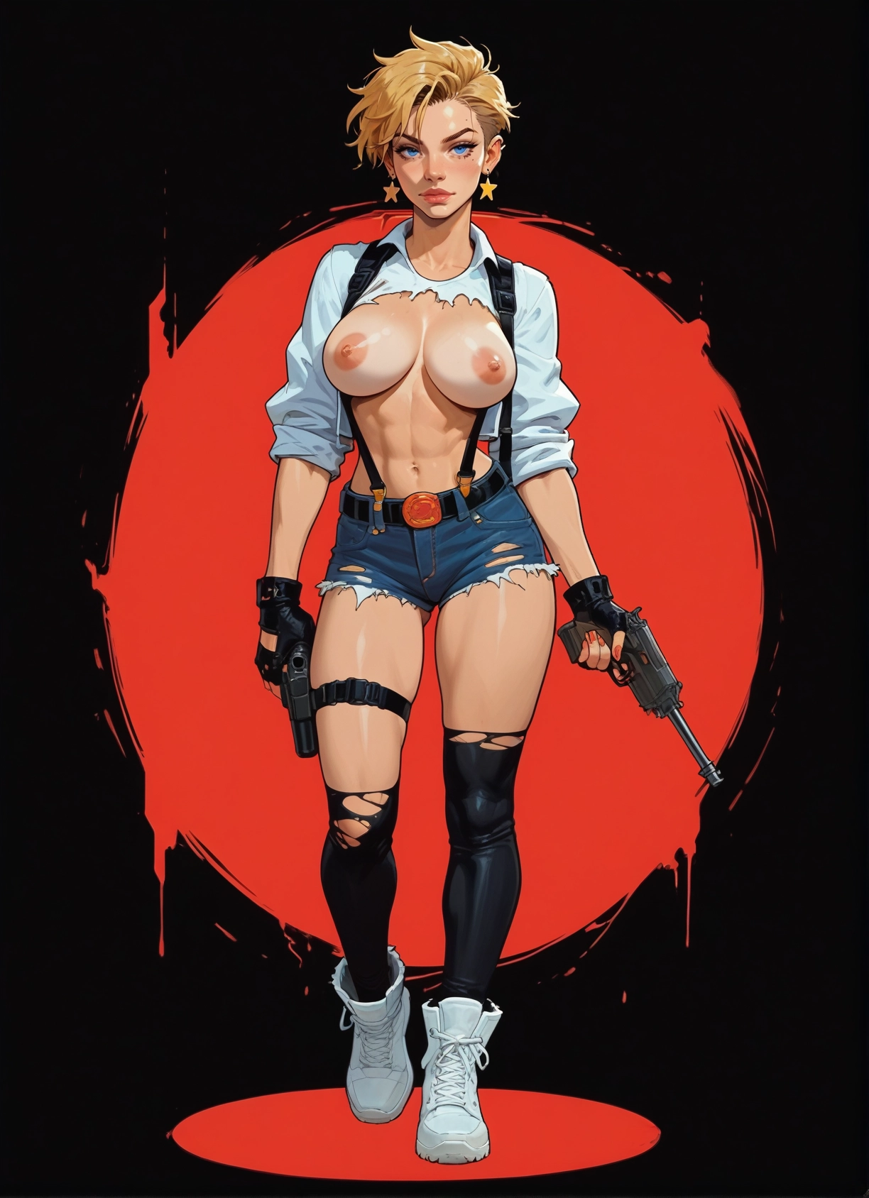 1girl, weapon, breasts, gun, nipples, solo · Yamete.gg