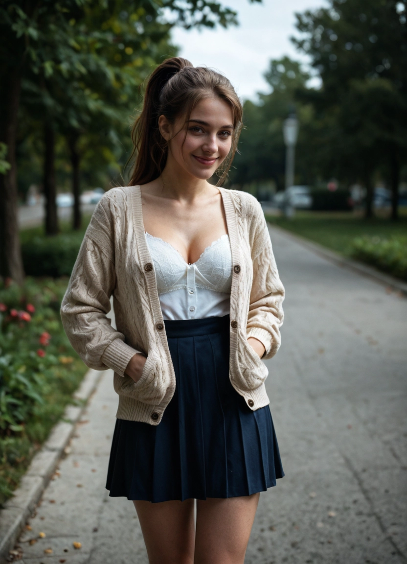 1girl, solo, skirt, breasts, outdoors, cleavage · Yamete.gg