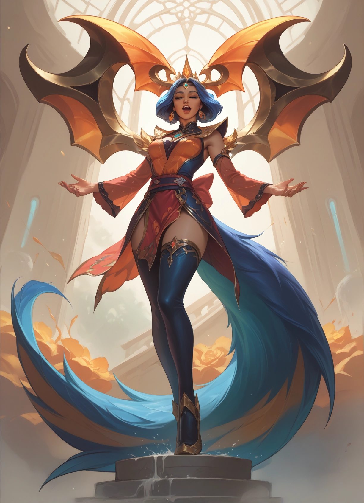 1girl, thighhighs, solo, closed eyes, blue hair, wings · Yamete.gg