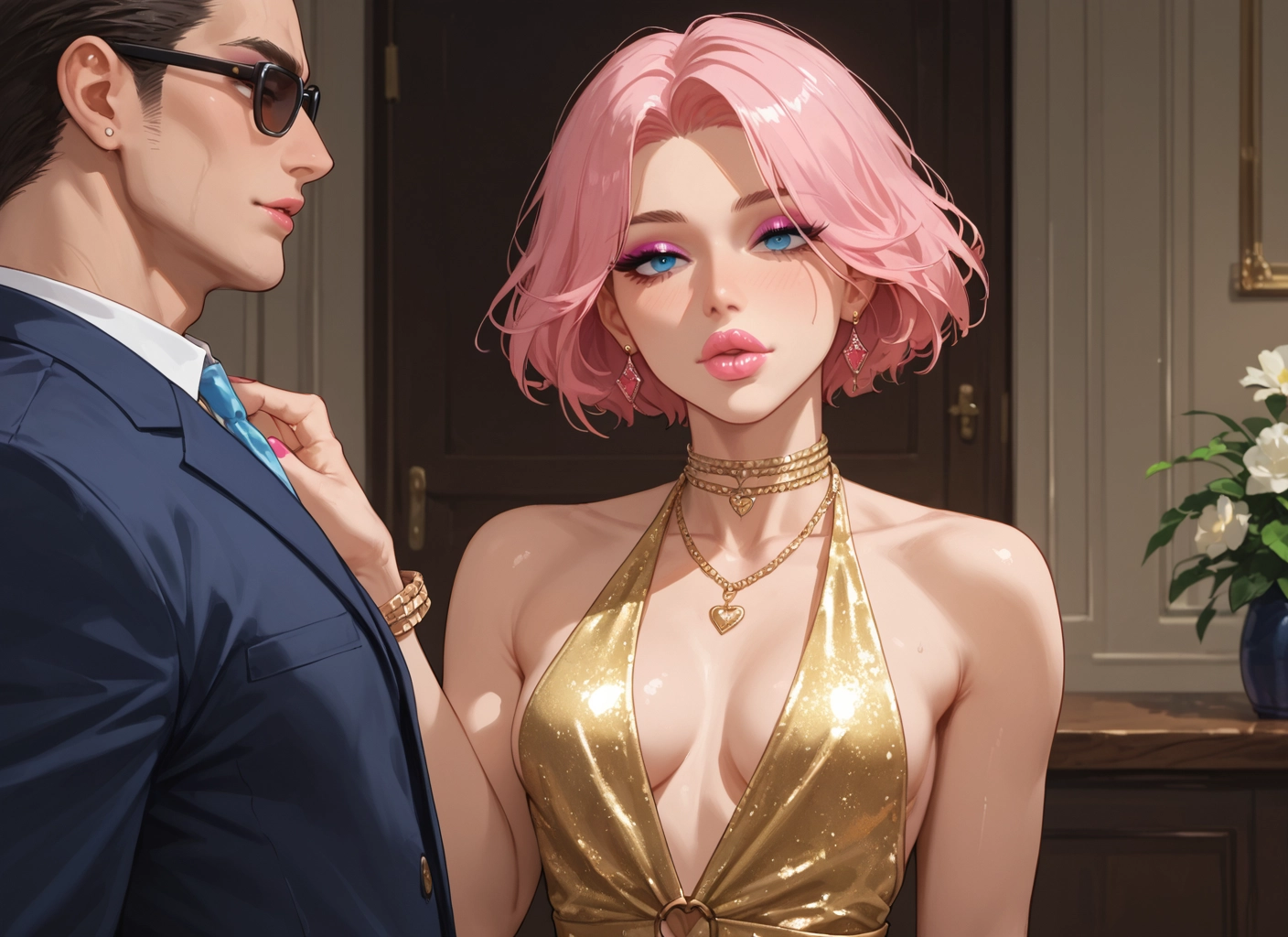 1girl, 1boy, pink hair, jewelry, breasts, dress · Yamete.gg
