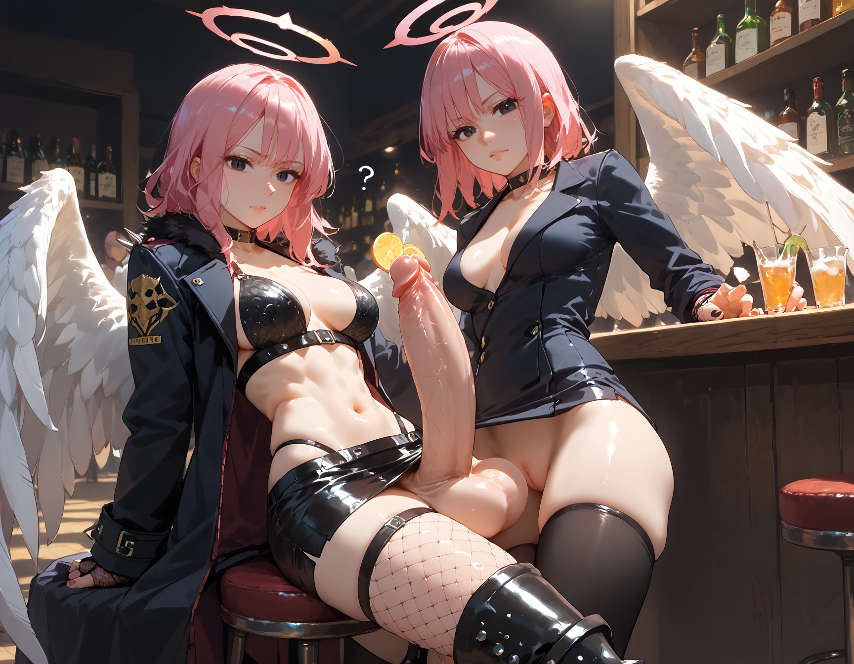 futanari, black nails, testicles, angel wings, pink hair, breasts · Yamete.gg