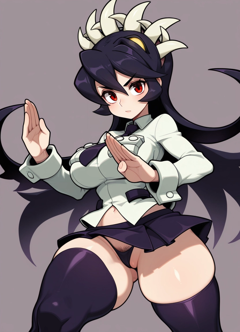 1girl, filia (skullgirls), breasts, solo, red eyes, thighhighs · Yamete.gg