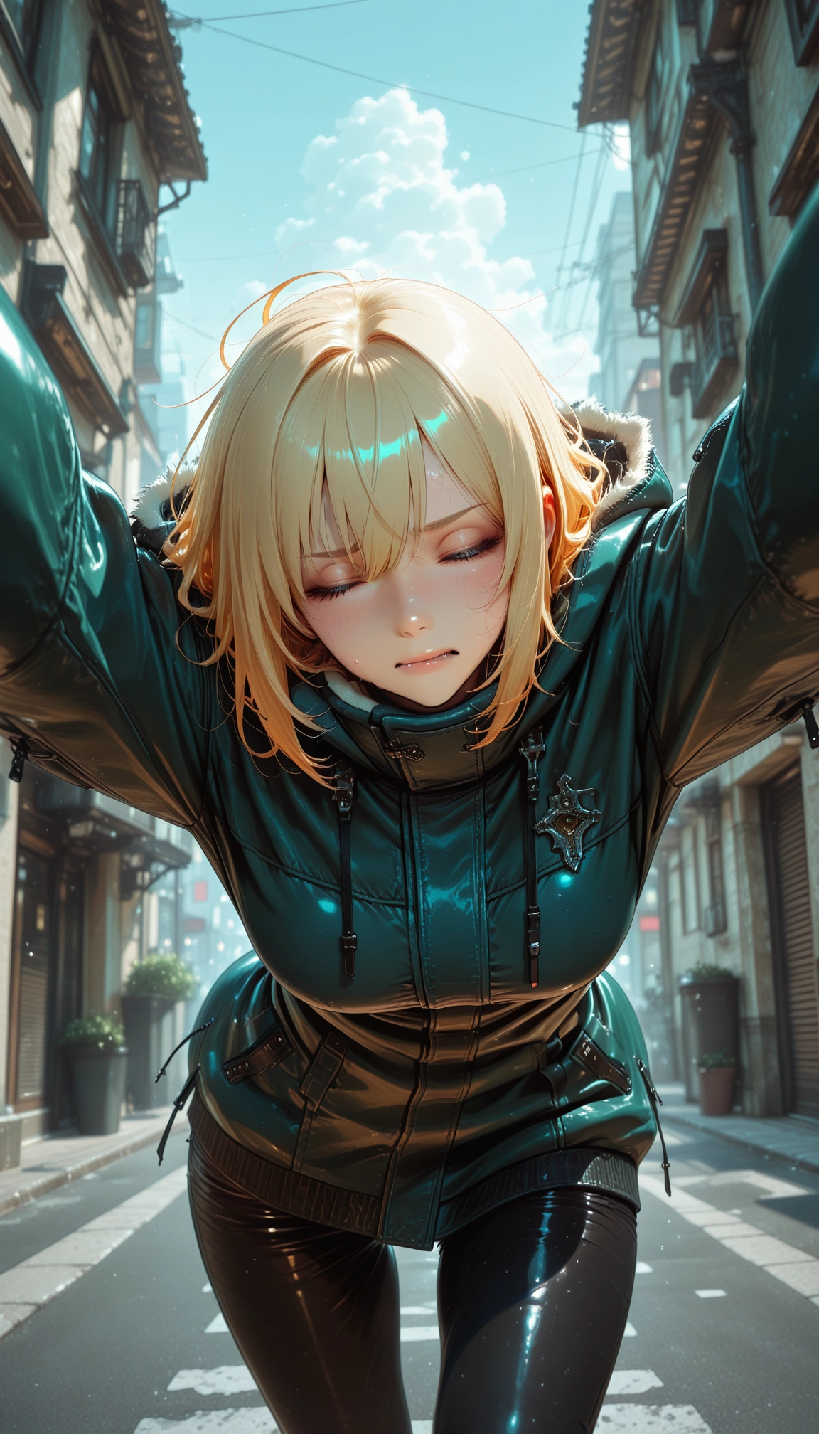 1girl, blonde hair, solo, closed eyes, outdoors, jacket · Yamete.gg