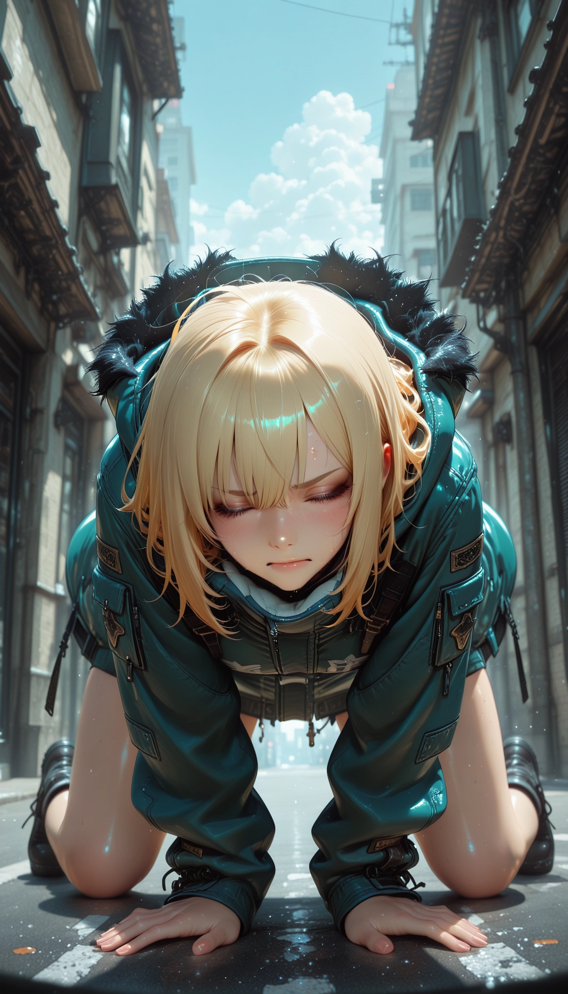 1girl, solo, blonde hair, all fours, closed eyes, hood · Yamete.gg