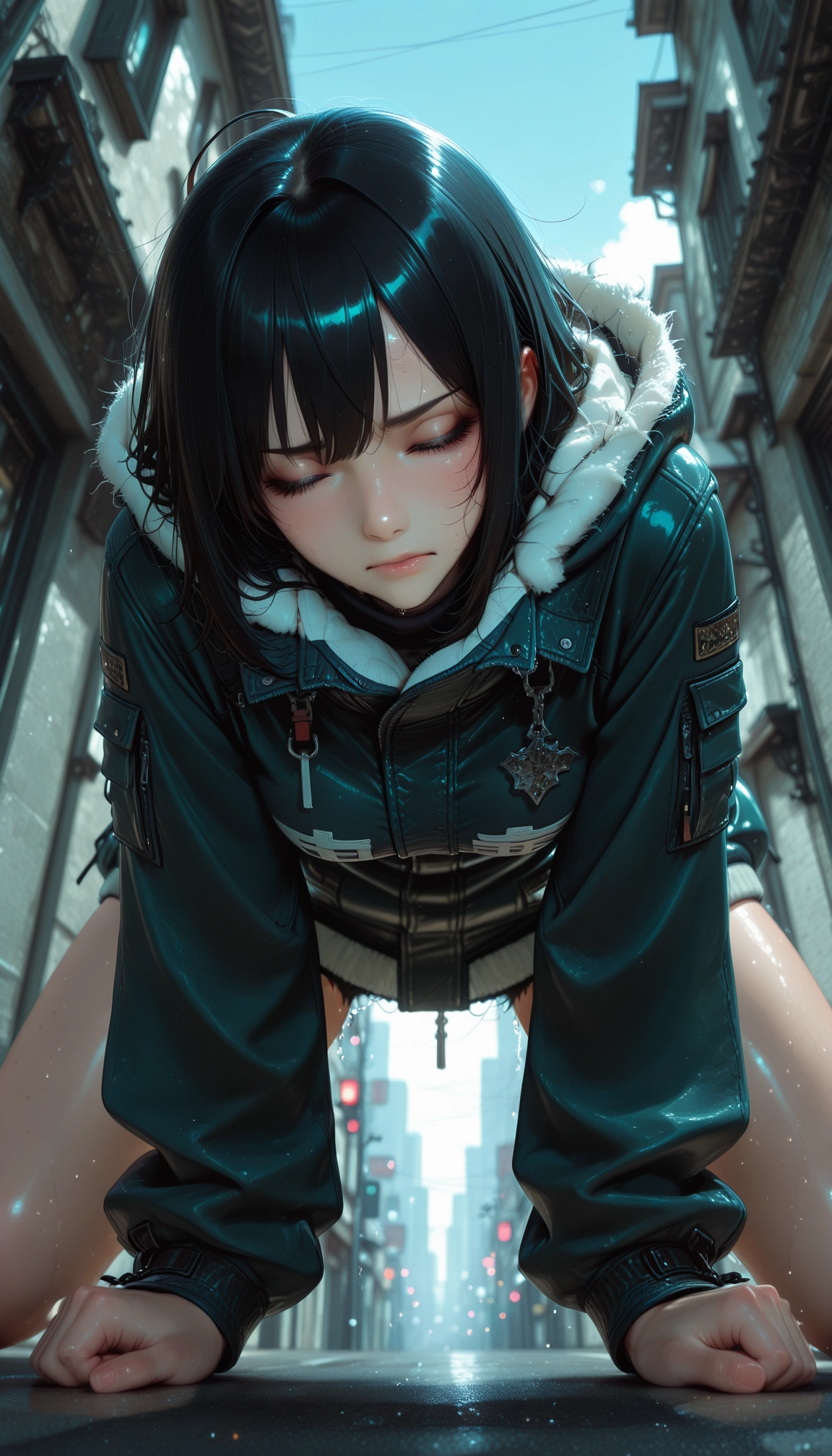1girl, black hair, solo, closed eyes, jacket, closed mouth · Yamete.gg