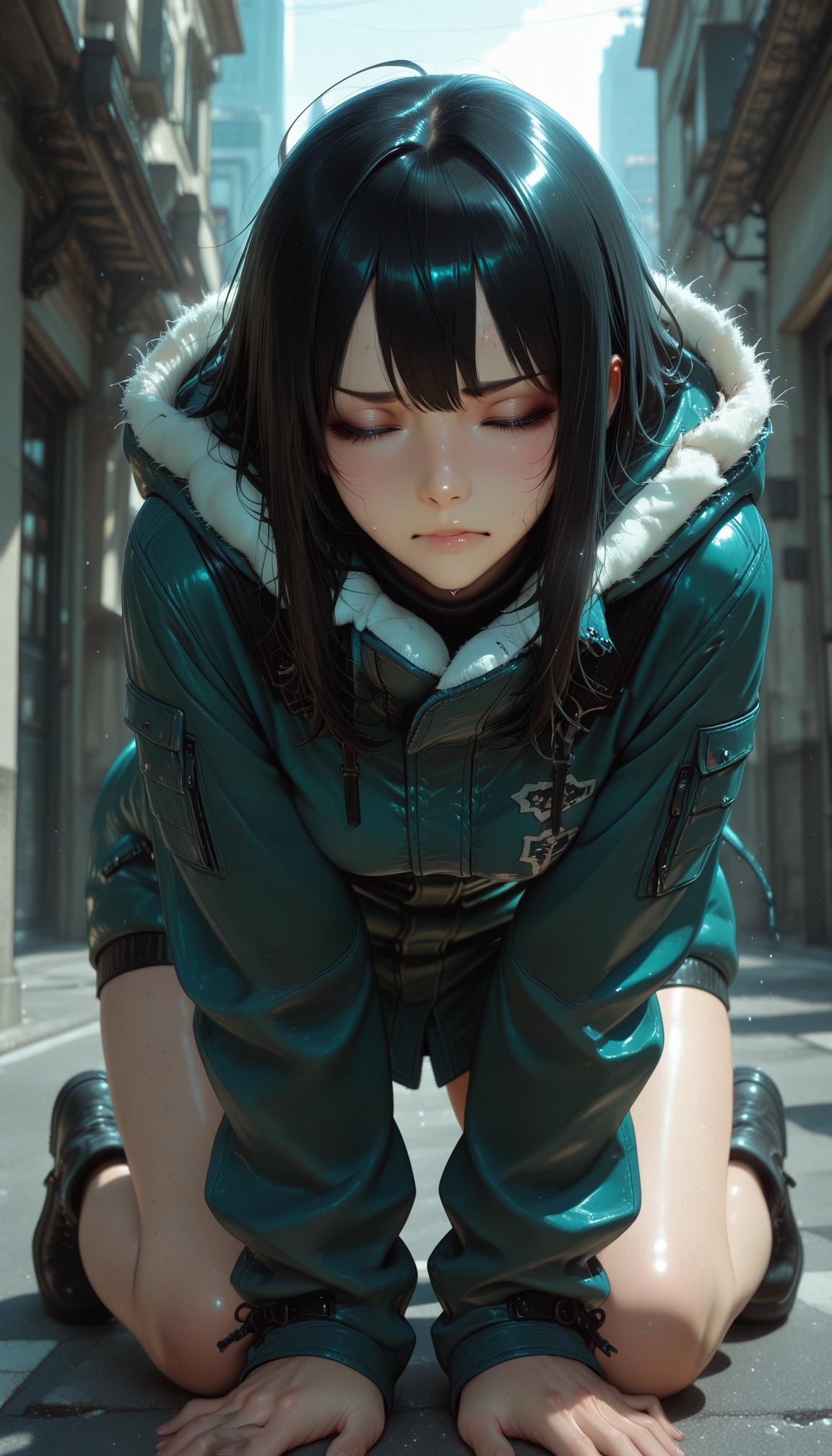 1girl, solo, black hair, closed eyes, all fours, long hair · Yamete.gg