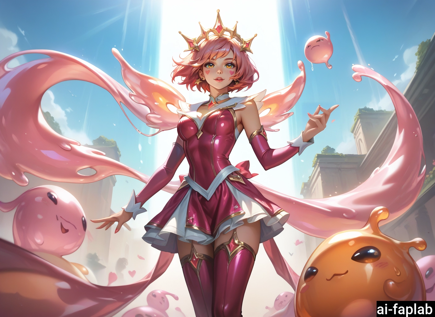 1girl, thighhighs, pink hair, short hair, breasts, crown · Yamete.gg