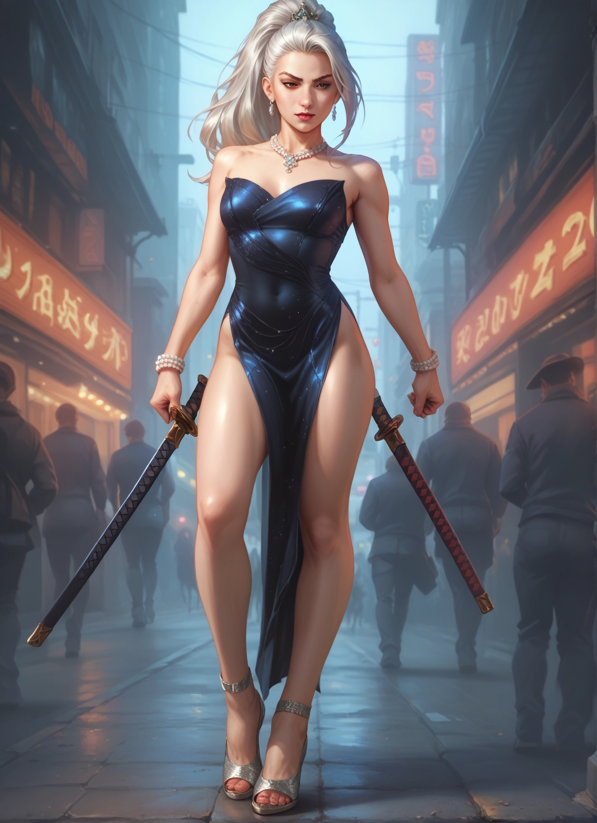 weapon, sword, 1girl, jewelry, dress, necklace · Yamete.gg