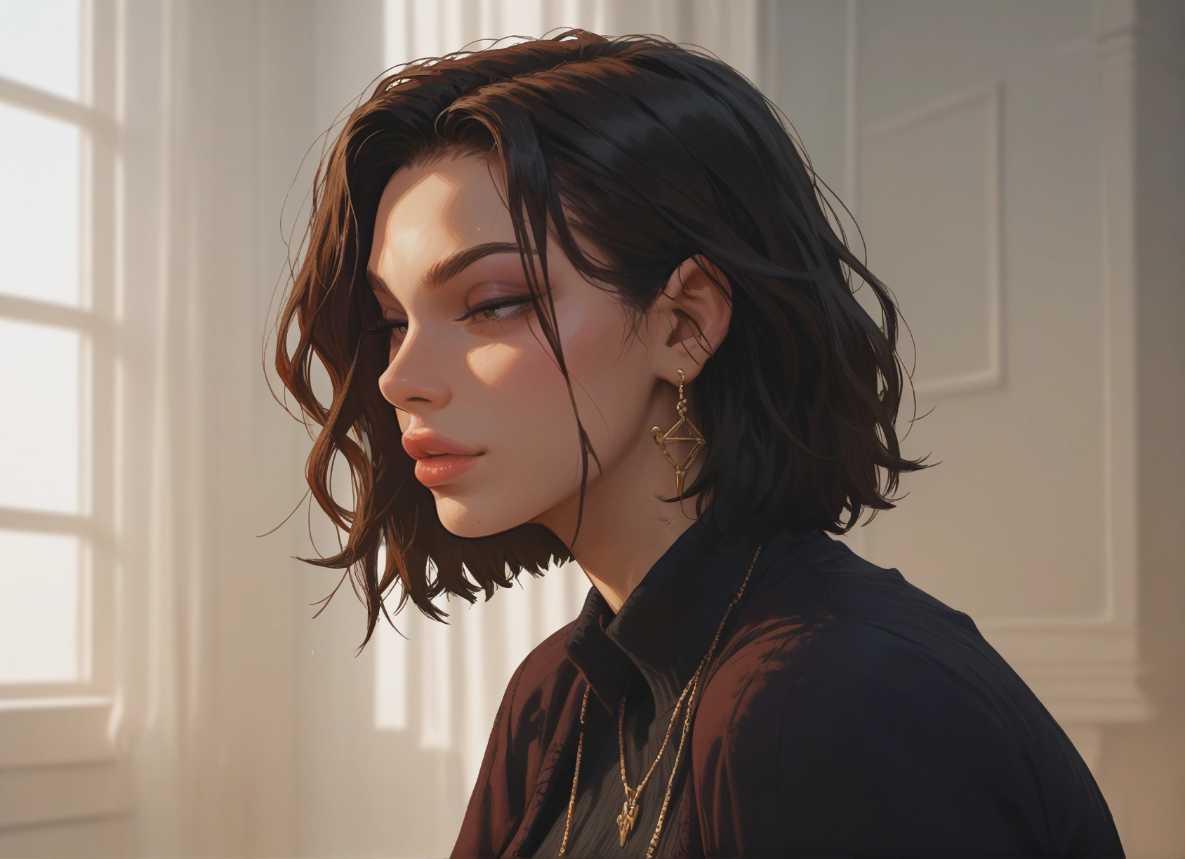 1girl, solo, jewelry, earrings, necklace, short hair · Yamete.gg
